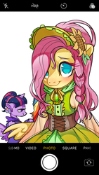 Size: 750x1334 | Tagged: safe, artist:rougeredred, fluttershy, twilight sparkle, alicorn, pegasus, pony, g4, blushing, clothes, cute, dress, female, looking at you, mare, shyabetes, smiling, twilight sparkle (alicorn)