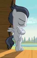 Size: 550x853 | Tagged: safe, screencap, rumble, pegasus, pony, marks and recreation, bipedal, bipedal leaning, colt, cool, cropped, crossed hooves, eyes closed, leaning, leaning back, male, smiling, stupid sexy rumble