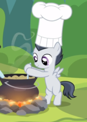 Size: 412x577 | Tagged: safe, screencap, rumble, pegasus, pony, g4, marks and recreation, bipedal, chef's hat, colt, cooking, cropped, hat, male, pot, smiling, toque