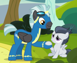 Size: 947x770 | Tagged: safe, screencap, rumble, thunderlane, pegasus, pony, g4, marks and recreation, brothers, clothes, colt, cropped, duo, goggles, holding hooves, male, stallion, uniform, wonderbolts uniform