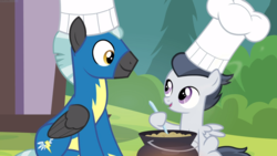Size: 1665x937 | Tagged: safe, screencap, rumble, thunderlane, pegasus, pony, g4, marks and recreation, brothers, chef's hat, clothes, colt, cooking, duo, foal, hat, looking at each other, male, open mouth, pot, sitting, smiling, stallion, uniform, wonderbolts uniform