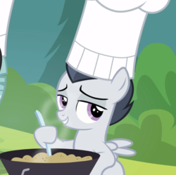 Size: 941x936 | Tagged: safe, screencap, rumble, pony, g4, marks and recreation, chef's hat, colt, cooking, cropped, hat, lidded eyes, male, pot, sitting, smiling, smug