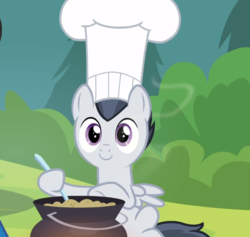 Size: 958x908 | Tagged: safe, screencap, rumble, pegasus, pony, g4, marks and recreation, chef's hat, colt, cooking, cropped, cute, hat, male, pot, sitting, smiling