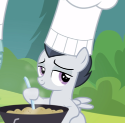Size: 950x937 | Tagged: safe, screencap, rumble, pegasus, pony, g4, marks and recreation, chef's hat, colt, cooking, cropped, hat, lidded eyes, male, sitting, smiling, smug