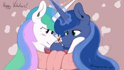 Size: 960x540 | Tagged: safe, artist:soccy, princess celestia, princess luna, g4, bedroom eyes, blushing, clothes, female, food, hearts and hooves day, imminent kissing, incest, lesbian, looking at each other, scarf, ship:princest, shipping, simple background, strawberry