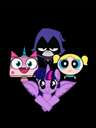 Size: 1800x2400 | Tagged: safe, editor:totodile007, twilight sparkle, alicorn, pony, g4, black background, bohemian rhapsody, bubbles (powerpuff girls), crossover, lego, queen, raven (dc comics), simple background, tara strong, teen titans go, the lego movie, the powerpuff girls, twilight sparkle (alicorn), unikitty, unikitty!, voice actor joke