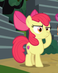 Size: 561x712 | Tagged: safe, screencap, apple bloom, earth pony, pony, g4, marks and recreation, confused, cropped, cutie mark, female, filly, the cmc's cutie marks