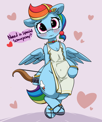 Size: 2524x3000 | Tagged: safe, artist:pabbley, rainbow dash, pony, g4, abstract background, bipedal, blushing, bow, bow (weapon), bracelet, bronybait, choker, cupid, cute, dashabetes, dialogue, eros, female, heart, hearts and hooves day, high res, holiday, jewelry, looking at you, solo, speech bubble, talking to viewer, valentine's day, wide hips