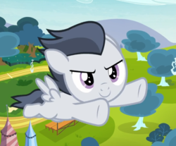 Size: 857x710 | Tagged: safe, screencap, rumble, pegasus, pony, g4, marks and recreation, colt, cropped, flying, male, smiling, solo