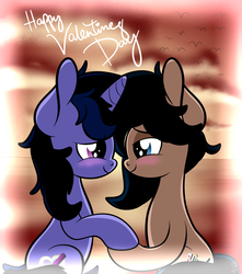 Size: 3140x3548 | Tagged: safe, alternate version, artist:php142, oc, oc only, oc:crescend cinnamon, oc:purple flix, pony, blushing, cute, high res, holding hooves, holiday, looking at each other, oc x oc, outdoors, shipping, solo, sunset, text, valentine's day