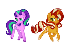 Size: 1698x1065 | Tagged: safe, artist:andromedasparkz, starlight glimmer, sunset shimmer, pony, unicorn, g4, duo, female, g5 concept leak style, mare, simple background, smiling, transparent background