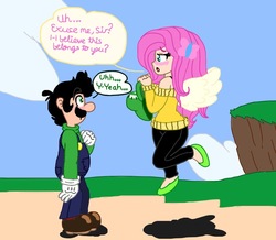 Size: 1059x922 | Tagged: safe, artist:zer0cute, fluttershy, human, equestria girls, g4, blushing, cap, clothes, crossover, crossover shipping, female, green hat, hairpin, hat, holding, humanized, looking at each other, luigi, luigi's hat, luigishy, male, nintendo, overalls, pegasus wings, shipping, shirt, shoes, straight, super mario bros., sweater, sweatershy, undershirt, winged humanization, wings