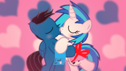 Size: 3840x2160 | Tagged: safe, artist:agkandphotomaker2000, dj pon-3, vinyl scratch, oc, oc:pony video maker, pegasus, pony, unicorn, g4, bipedal, box of chocolates, canon x oc, duo, eyes closed, female, hearts and hooves day, high res, holiday, kissing, legs in air, male, valentine's day, valentine's day card, videoscratch