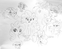 Size: 1691x1326 | Tagged: safe, artist:tjpones, applejack, pinkie pie, rarity, sci-twi, twilight sparkle, alicorn, earth pony, pony, unicorn, sparkles! the wonder horse!, equestria girls, g4, bust, butt, chest fluff, dialogue, ear fluff, faic, female, glasses, grayscale, hoof hold, howdy, lineart, long neck, mare, monochrome, muscles, pecs, pencil drawing, pepsi, plot, simple background, sketch, sketch dump, smiling, soda, spit take, traditional art, twilight sparkle (alicorn)