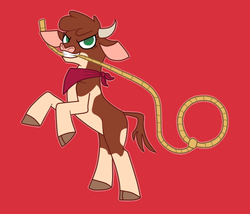 Size: 700x600 | Tagged: safe, artist:machacapigeon, arizona (tfh), cow, them's fightin' herds, bandana, cloven hooves, colored hooves, community related, female, lasso, mouth hold, neckerchief, no pupils, red background, rope, simple background, solo