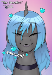 Size: 1400x2000 | Tagged: safe, artist:bluebender, oc, oc:caulifla, changeling, changeling queen, blue changeling, bust, changeling oc, changeling queen oc, commission, duckface, female, gradient background, heart's and hooves day, holiday, lips, offscreen character, pouty lips, pov, speech, text, valentine's day, ych result