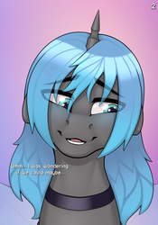 Size: 1400x2000 | Tagged: safe, alternate version, artist:bluebender, oc, oc:caulifla, changeling, changeling queen, blue changeling, blushing, bust, changeling oc, changeling queen oc, commission, duckface, female, gradient background, heart's and hooves day, holiday, lips, offscreen character, pouty lips, pov, speech, valentine's day, ych result