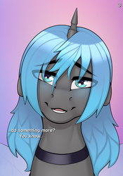 Size: 1400x2000 | Tagged: safe, alternate version, artist:bluebender, oc, oc:caulifla, changeling, changeling queen, blue changeling, blushing, bust, changeling oc, changeling queen oc, choker, commission, duckface, female, gradient background, hearts and hooves day, holiday, lips, offscreen character, pouty lips, pov, speech, until the choker breaks, valentine's day, ych result