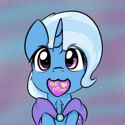 Size: 1653x1653 | Tagged: safe, artist:jubyskylines, trixie, pony, unicorn, g4, :3, abstract background, be mine, cape, chest fluff, clothes, cute, diatrixes, female, heart, heart eyes, hearts and hooves day, holiday, looking at you, mare, mouth hold, smiling, solo, trixie's cape, valentine's day, wingding eyes