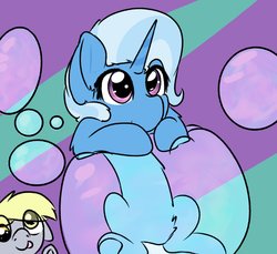 Size: 2834x2598 | Tagged: safe, artist:jubyskylines, derpy hooves, trixie, pegasus, pony, unicorn, g4, abstract background, bubble, duo, female, floppy ears, high res, mare, smiling, tongue out, underhoof