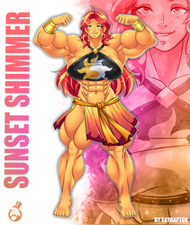 Size: 3780x4488 | Tagged: safe, artist:skyraptor, sunset shimmer, human, equestria girls, g4, abs, armpits, bracelet, clothes, female, fetish, flexing, jewelry, muscle fetish, muscles, sunset lifter, swimsuit, zoom layer