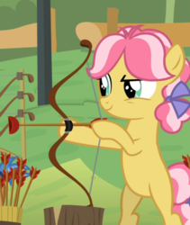 Size: 789x937 | Tagged: safe, screencap, kettle corn, pony, g4, marks and recreation, aiming, archery, bipedal, confident, cropped, female