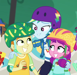Size: 928x896 | Tagged: safe, screencap, gallop j. fry, lily longsocks, little red, rainbow dash, super funk, human, equestria girls, equestria girls series, g4, sic skateboard, spoiler:eqg series (season 2), background human, children, cropped, cute, dashabetes, female, geode of super speed, helmet, magical geodes, male, offscreen character, out of context