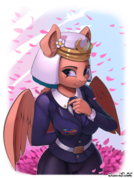 Size: 1125x1500 | Tagged: safe, alternate version, artist:discordthege, somnambula, pegasus, anthro, g4, busty somnambula, clothes, curvy, cute, female, flower, flower in hair, flower petals, hourglass figure, lineless, looking at you, mare, military uniform, necktie, sergeant, smiling, solo, somnambetes, uniform