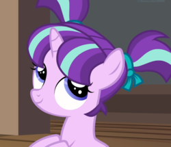 Size: 1089x936 | Tagged: safe, screencap, starlight glimmer, pony, unicorn, g4, uncommon bond, cropped, cute, female, filly, filly starlight glimmer, glimmerbetes, pigtails, ribbon, smiling, solo, younger