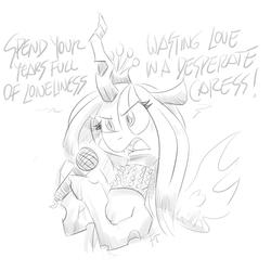 Size: 3000x3000 | Tagged: safe, artist:flutterthrash, queen chrysalis, changeling, changeling queen, g4, female, high res, iron maiden, microphone, monochrome, simple background, singing, sketch, solo, song reference, wasting love, white background
