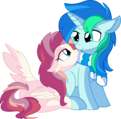 Size: 6799x6658 | Tagged: safe, artist:aureai-sketches, artist:cyanlightning, oc, oc:aureai, oc:cyan lightning, pegasus, pony, unicorn, .svg available, absurd resolution, best friends, butt, chest fluff, clothes, cute, duo, ear fluff, eyes closed, female, looking at each other, male, mare, older, plot, scarf, shipping, simple background, sitting, smiling, spread wings, stallion, straight, transparent background, underhoof, vector, wings