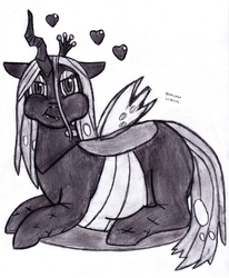 Size: 2531x3079 | Tagged: safe, artist:drchrisman, queen chrysalis, pony, g4, changeling overfeeding, chubby cheeks, chunkling, chunkling queen, fat, female, heart, high res, monochrome, queen chrysalard, solo, traditional art, weight gain