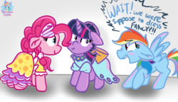 Size: 1714x986 | Tagged: safe, artist:rainbow eevee, pinkie pie, rainbow dash, twilight sparkle, alicorn, pony, g4, make new friends but keep discord, blushing, embarrassed, floppy ears, no clothes, nudity, twilight sparkle (alicorn), wat, we don't normally wear clothes
