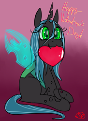 Size: 1000x1375 | Tagged: safe, artist:ryuredwings, queen chrysalis, changeling, changeling queen, g4, female, heart, holiday, mouth hold, solo, valentine's day