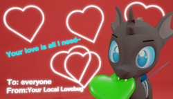 Size: 2100x1200 | Tagged: safe, artist:deloreandudetommy, oc, oc only, oc:archex, changeling, 3d, blender, blue changeling, caption, changeling oc, cute, cuteling, fangs, green heart, heart, holiday, looking at you, love, mouth hold, solo, text, valentine, valentine's day, valentine's day card