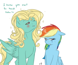 Size: 3000x2500 | Tagged: safe, artist:lrusu, rainbow dash, zephyr breeze, pegasus, pony, g4, blushing, dialogue, female, high res, lidded eyes, loose hair, male, ship:zephdash, shipping, simple background, straight, stupid sexy zephyr breeze, tilde, tsunderainbow, tsundere, white background