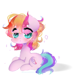 Size: 5000x5000 | Tagged: safe, artist:magicangelstarartist, toola roola, earth pony, pony, absurd resolution, beanbrows, blushing, cute, eye clipping through hair, eyebrows, female, filly, prone, roolabetes, simple background, solo, white background