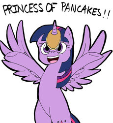 Size: 1280x1390 | Tagged: safe, artist:gintoki23, twilight sparkle, alicorn, pony, bipedal, cute, exclamation point, female, food, horn impalement, i'm pancake, looking at you, mare, open mouth, pancakes, silly, silly pony, simple background, smiling, solo, spread wings, text, twiabetes, twilight sparkle (alicorn), white background, wings