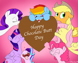 Size: 1431x1161 | Tagged: safe, artist:strebiskunk, applejack, fluttershy, pinkie pie, rainbow dash, rarity, starlight glimmer, twilight sparkle, alicorn, pony, g4, chocolate, chocolate heart, eating, eyes closed, food, gradient background, heart, holiday, kissing, licking, mane six, nose in the air, open mouth, puffy cheeks, tongue out, twilight sparkle (alicorn), valentine's day