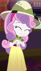 Size: 1680x2916 | Tagged: safe, screencap, sweetie belle, equestria girls, g4, my little pony equestria girls: summertime shorts, the canterlot movie club, belt, child, clothes, cute, diasweetes, eyes closed, female, giggling, hat, kid, pith helmet, skirt, solo, teeth