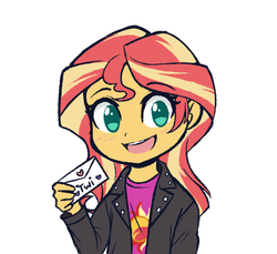 Size: 737x675 | Tagged: safe, artist:higglytownhero, sunset shimmer, human, equestria girls, g4, blushing, clothes, cute, cutie mark on clothes, envelope, female, holiday, implied lesbian, implied shipping, implied sunsetsparkle, implied twilight sparkle, jacket, leather, leather jacket, mail, open mouth, shimmerbetes, simple background, solo, valentine's day, white background