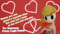 Size: 2100x1200 | Tagged: safe, artist:deloreandudetommy, oc, oc only, oc:logic puzzle, earth pony, pony, 3d, blender, caption, heart, holiday, mouth hold, rubik's cube, text, valentine's day, valentine's day card
