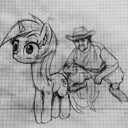 Size: 1080x1080 | Tagged: safe, artist:sharpi, lyra heartstrings, human, pony, unicorn, g4, airpods, cowboy hat, female, graph paper, hat, mare, meme, pencil drawing, sketch, smiling, squatting, stetson, thumbs up, traditional art