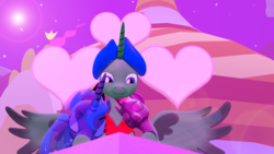 Size: 1920x1080 | Tagged: safe, artist:johnnyxluna, princess luna, tempest shadow, oc, oc:prince lightning chaser, pony, g4, 3d, canon x oc, canterlot castle, female, hearts and hooves day, leaning, love, male, mare, resting, shielded, snuggling, source filmmaker, stallion