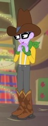Size: 210x553 | Tagged: safe, screencap, micro chips, equestria girls, five to nine, g4, my little pony equestria girls: better together, boots, clothes, cowboy boots, cowboy hat, cropped, glasses, hat, male, pants, smiling