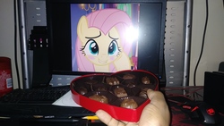 Size: 2560x1440 | Tagged: safe, fluttershy, g4, chocolate, cute, food, hearts and hooves day, holiday, shyabetes, valentine's day, waifu dinner