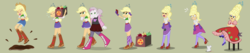 Size: 2500x533 | Tagged: safe, artist:magerblutooth, applejack, sweetie belle, mouse, equestria girls, g4, alternate hairstyle, applejack also dresses in style, applejewel, beehive hairdo, belt, boots, box, cellphone, clothes, commission, cowboy boots, cowboy hat, dress, elderly, gloves, hat, high heel boots, high heels, hooped earrings, jewelry, jumping, laughing, lipstick, mascara, mental shift, mud, mud puddle, older, older sweetie belle, personality change, phone, puddle, purple, selfie, shirt, shoes, show accurate, simple background, sitting, skirt, splashing, stool, story included, tiara, transformation, transformation sequence, transforming clothes, vector, wavy mouth, wet boots