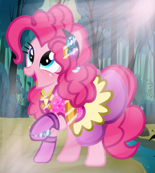 Size: 2376x2640 | Tagged: safe, artist:parisa07, pinkie pie, earth pony, pony, g4, clothes, crepuscular rays, cute, diapinkes, dress, female, forest, high res, river, solo, stream