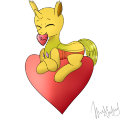 Size: 1193x1181 | Tagged: safe, artist:itwasscatters, oc, oc:ren the changeling, changedling, changeling, changeling oc, heart, holiday, valentine, valentine's day, yellow changeling