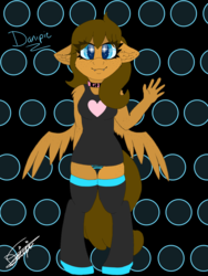 Size: 900x1200 | Tagged: safe, artist:dannimation, oc, oc:blueberry parfait, pegasus, anthro, anthro oc, blue eyes, body freckles, clothes, collar, fangs, female, freckles, looking at you, mare, panties, shirt, simple background, smiling, socks, thigh highs, underwear, watermark, waving